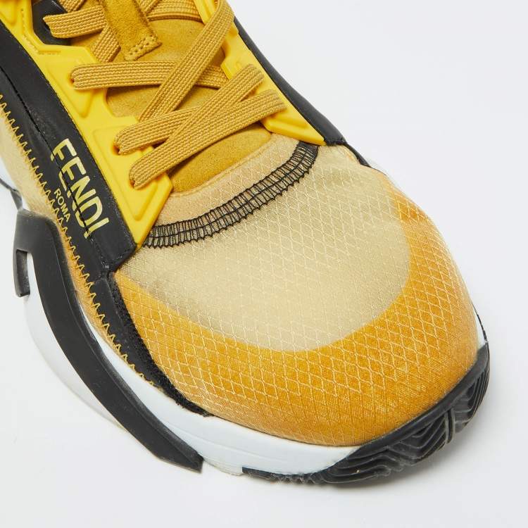 Pre Owned Fendi Yellow/Black Fabric and Mesh Flow Low Top Sneakers Size 40