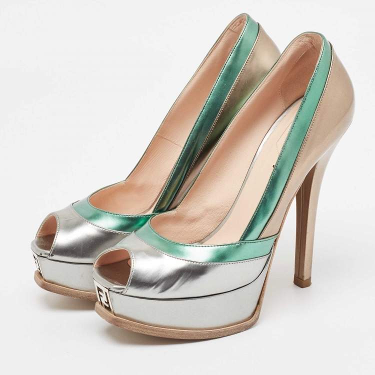 Pre Owned Fendi Multicolor Leather Fendista Peep Toe Platform Pumps Size 38.5
