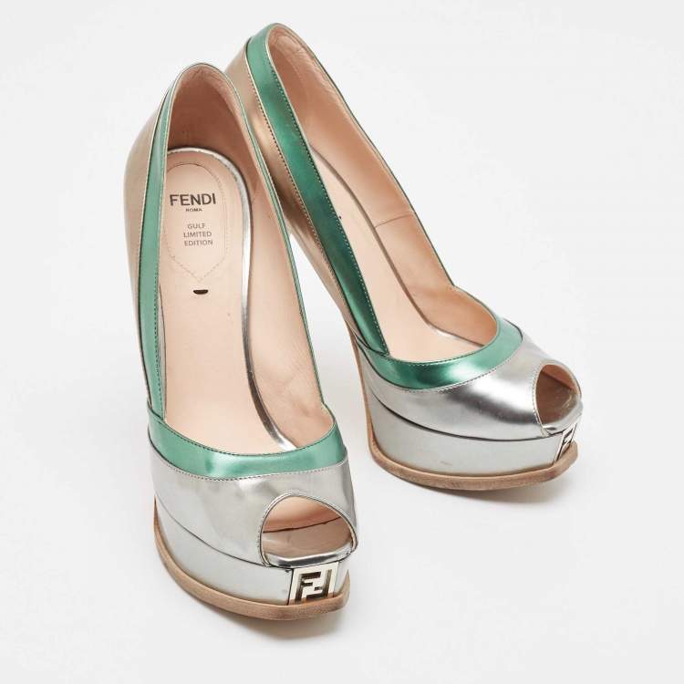 Pre Owned Fendi Multicolor Leather Fendista Peep Toe Platform Pumps Size 38.5