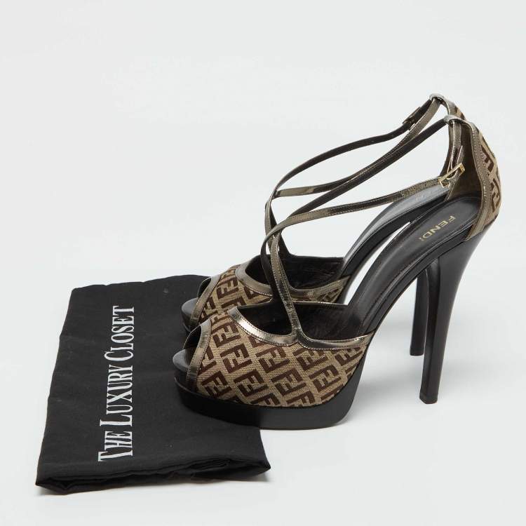 Pre Owned Fendi Brown Zucchino Canvas and Patent Leather Platform Sandals Size 41
