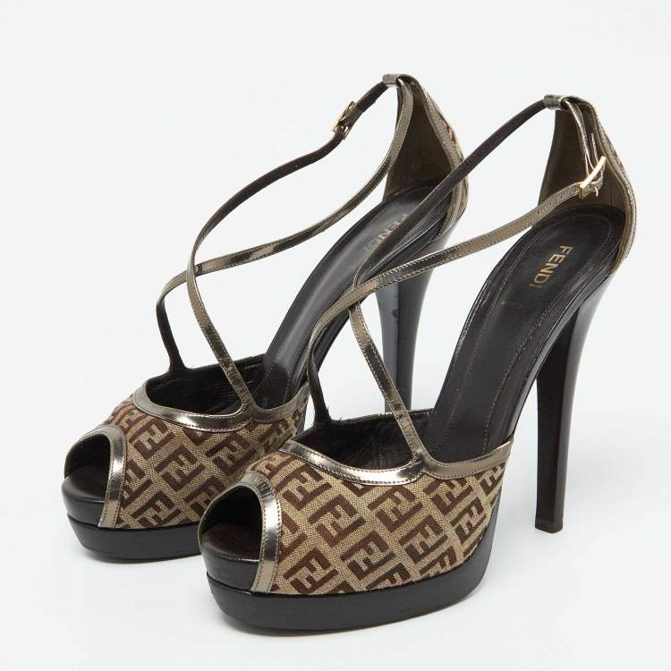 Pre Owned Fendi Brown Zucchino Canvas and Patent Leather Platform Sandals Size 41