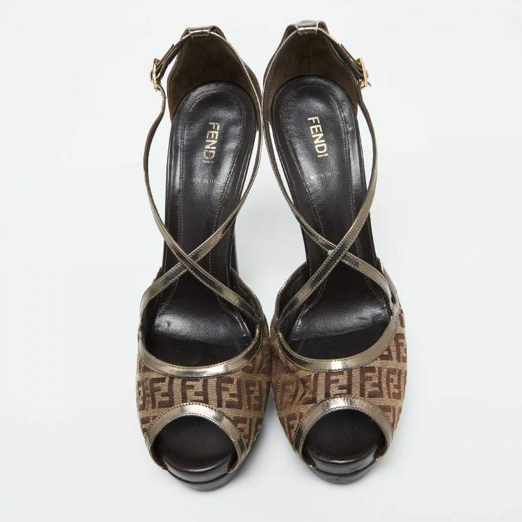Pre Owned Fendi Brown Zucchino Canvas and Patent Leather Platform Sandals Size 41