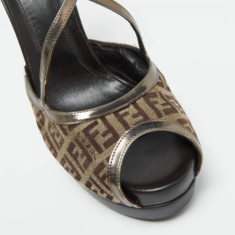 Pre Owned Fendi Brown Zucchino Canvas and Patent Leather Platform Sandals Size 41