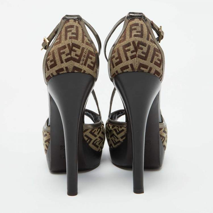 Pre Owned Fendi Brown Zucchino Canvas and Patent Leather Platform Sandals Size 41