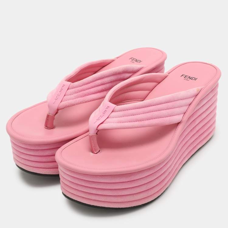 Pre Owned Fendi Pink Suede Platform Thong Slide Sandals Size 38