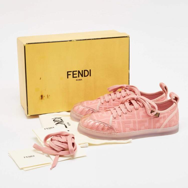 Pre Owned Fendi Pink PVC and Canvas FF Logo Lace Up Sneakers Size 40
