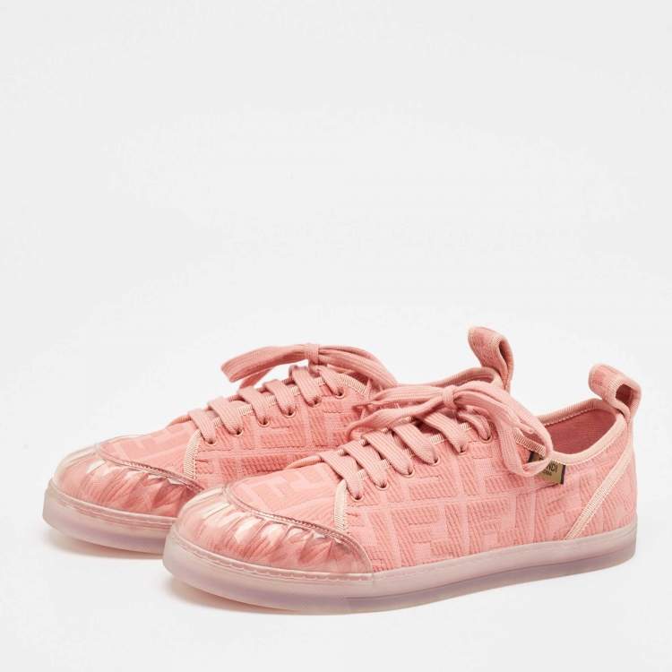 Pre Owned Fendi Pink PVC and Canvas FF Logo Lace Up Sneakers Size 40
