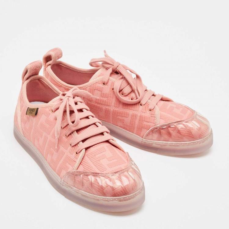 Pre Owned Fendi Pink PVC and Canvas FF Logo Lace Up Sneakers Size 40