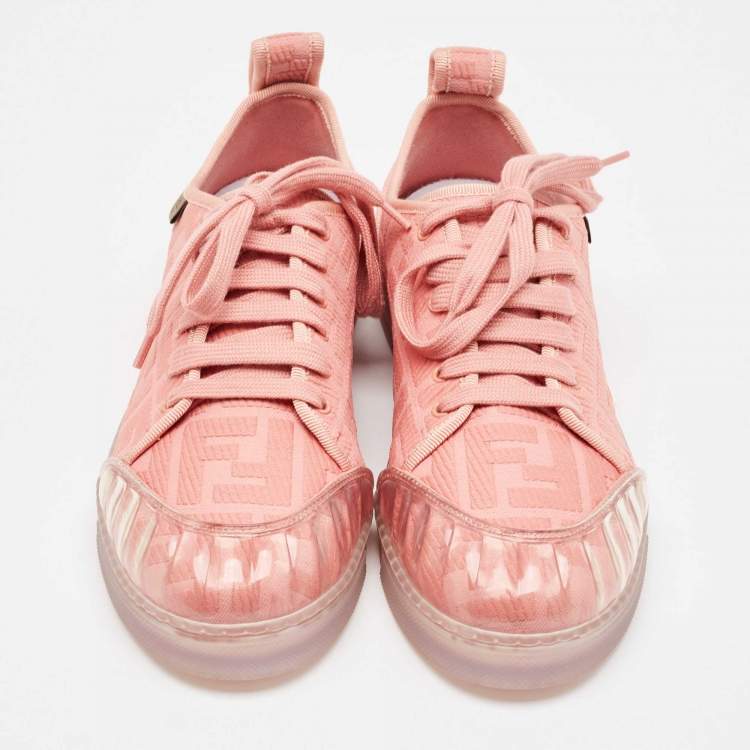 Pre Owned Fendi Pink PVC and Canvas FF Logo Lace Up Sneakers Size 40