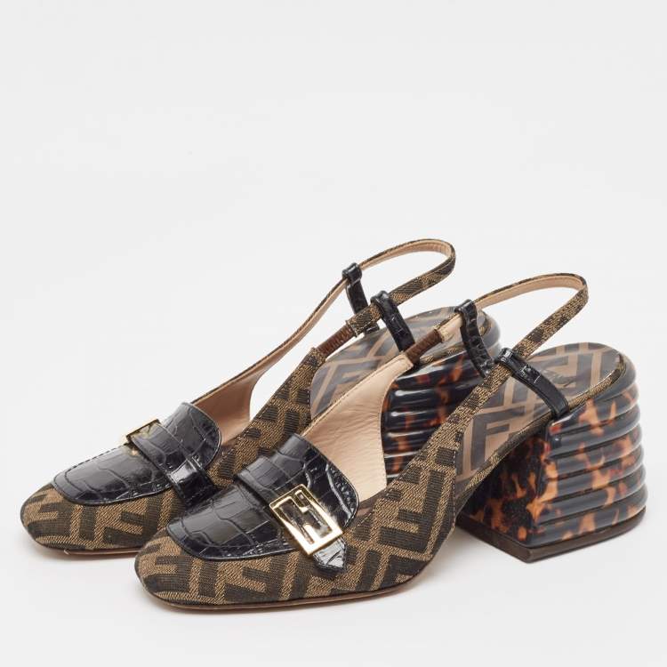 Pre Owned Fendi Tobacco/Black Croc Embossed Leather and Canvas Promenade FF Motif Slingback Sandals Size 38