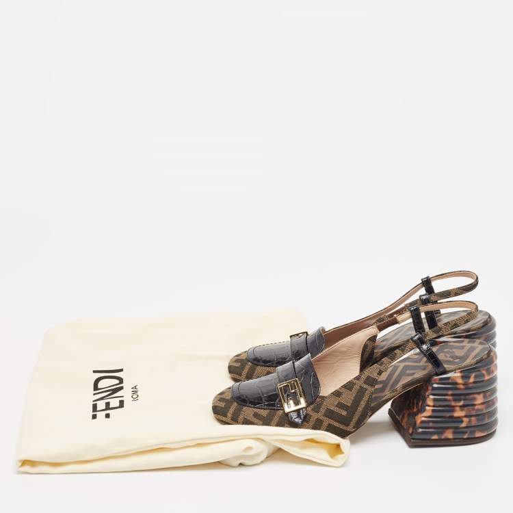Pre Owned Fendi Tobacco/Black Croc Embossed Leather and Canvas Promenade FF Motif Slingback Sandals Size 38