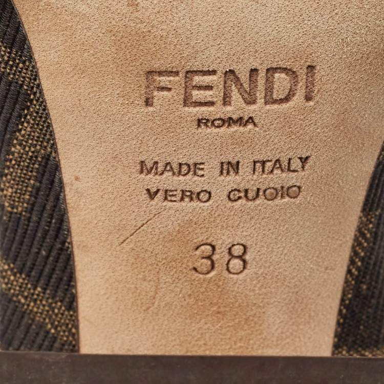 Pre Owned Fendi Tobacco/Black Croc Embossed Leather and Canvas Promenade FF Motif Slingback Sandals Size 38