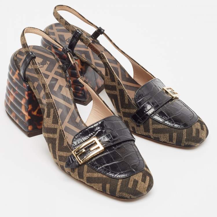 Pre Owned Fendi Tobacco/Black Croc Embossed Leather and Canvas Promenade FF Motif Slingback Sandals Size 38