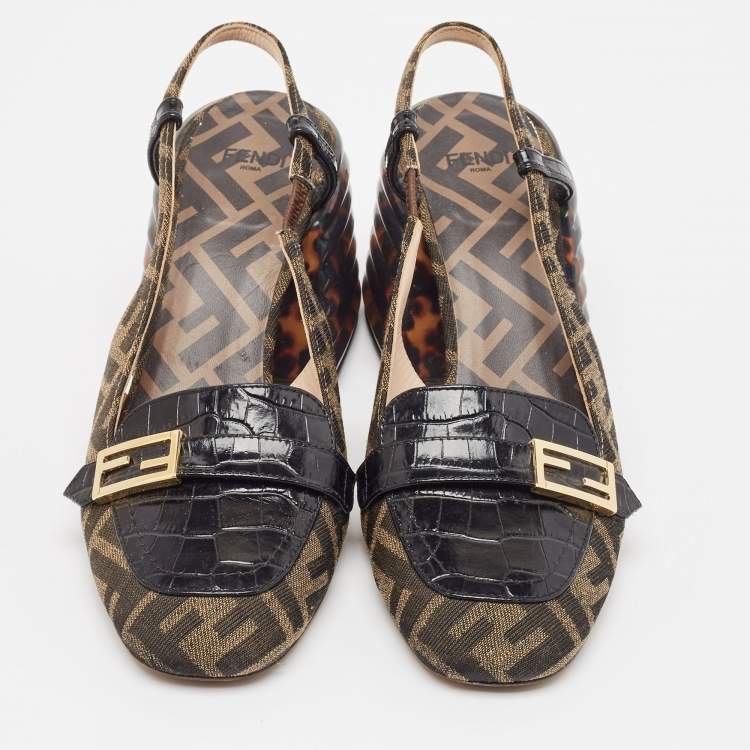 Pre Owned Fendi Tobacco/Black Croc Embossed Leather and Canvas Promenade FF Motif Slingback Sandals Size 38