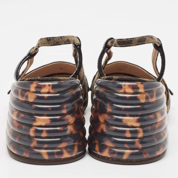Pre Owned Fendi Tobacco/Black Croc Embossed Leather and Canvas Promenade FF Motif Slingback Sandals Size 38