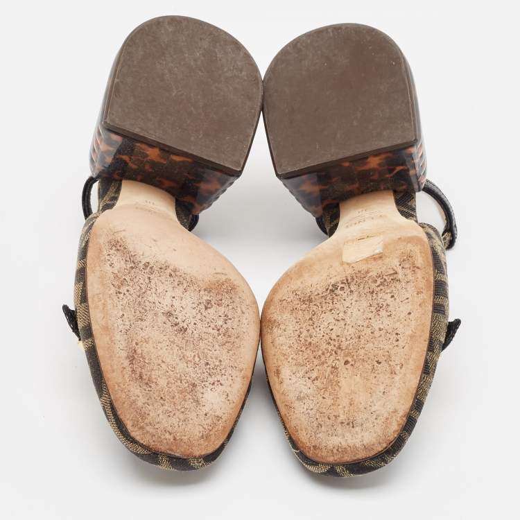 Pre Owned Fendi Tobacco/Black Croc Embossed Leather and Canvas Promenade FF Motif Slingback Sandals Size 38