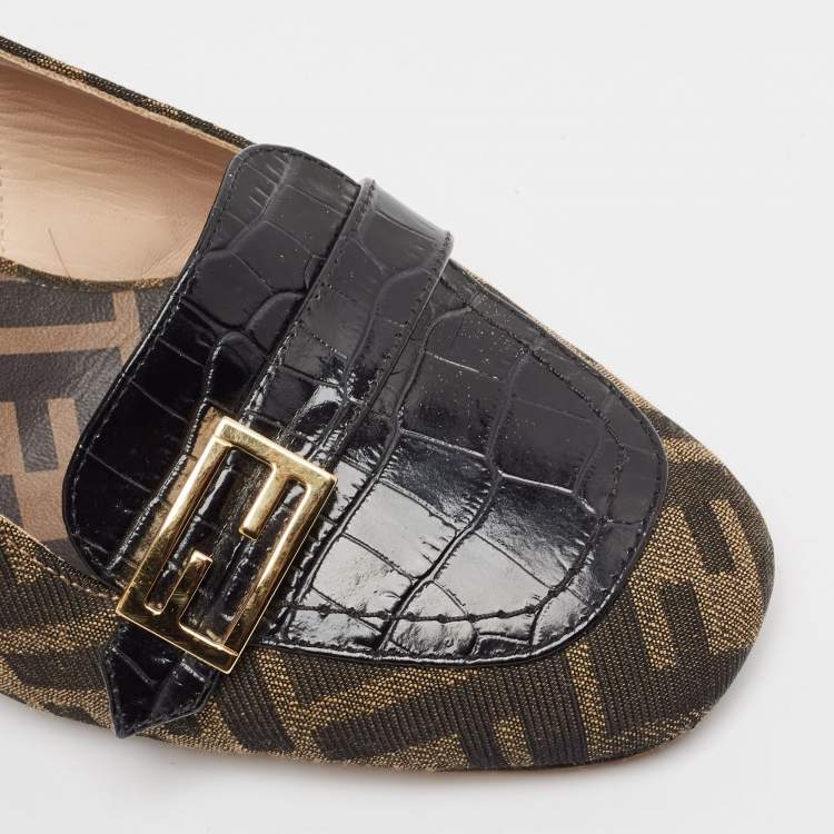 Pre Owned Fendi Tobacco/Black Croc Embossed Leather and Canvas Promenade FF Motif Slingback Sandals Size 38