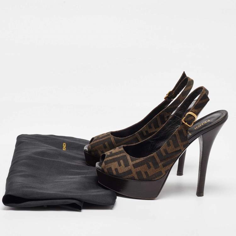 Pre Owned Fendi Tobacco Zucca Canvas Fendista Platform Slingback Sandals Size 39