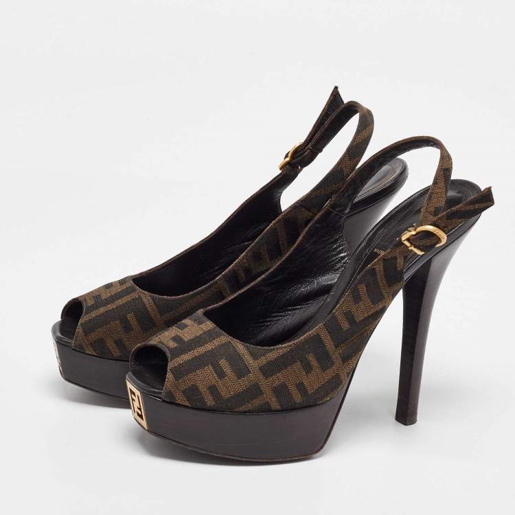 Pre Owned Fendi Tobacco Zucca Canvas Fendista Platform Slingback Sandals Size 39