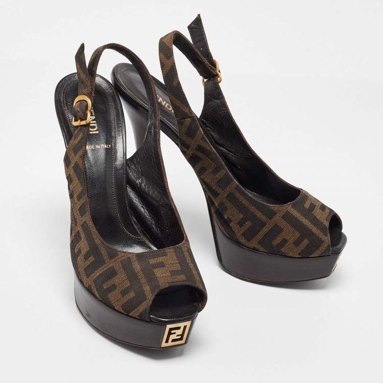 Pre Owned Fendi Tobacco Zucca Canvas Fendista Platform Slingback Sandals Size 39