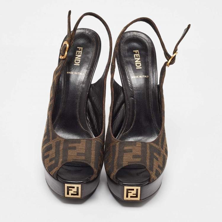 Pre Owned Fendi Tobacco Zucca Canvas Fendista Platform Slingback Sandals Size 39