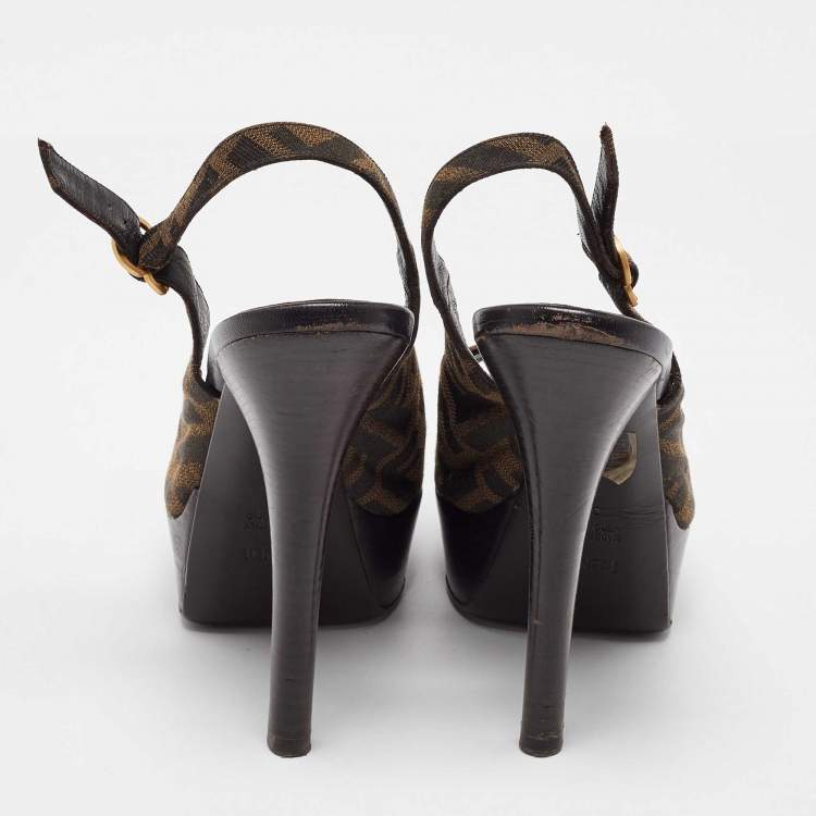 Pre Owned Fendi Tobacco Zucca Canvas Fendista Platform Slingback Sandals Size 39