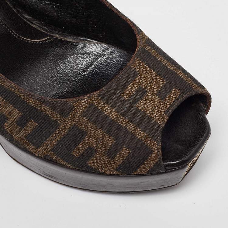 Pre Owned Fendi Tobacco Zucca Canvas Fendista Platform Slingback Sandals Size 39