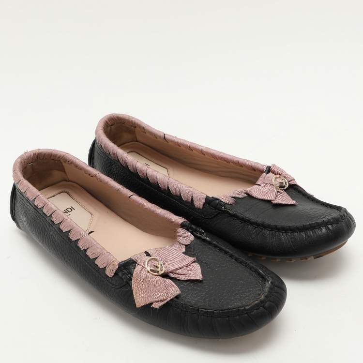 Pre Owned Fendi Black/Pink Leather and Fabric Bow Loafers Size 40