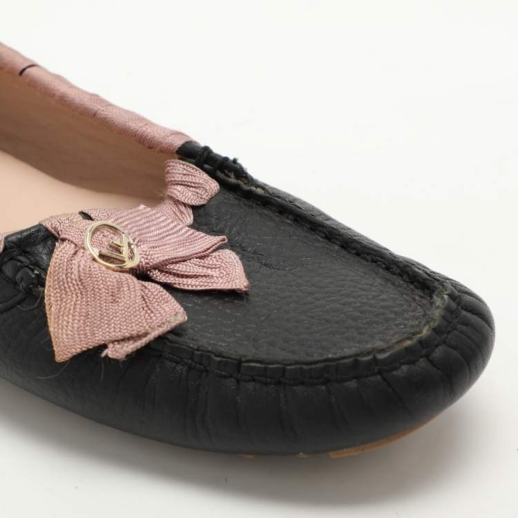 Pre Owned Fendi Black/Pink Leather and Fabric Bow Loafers Size 40
