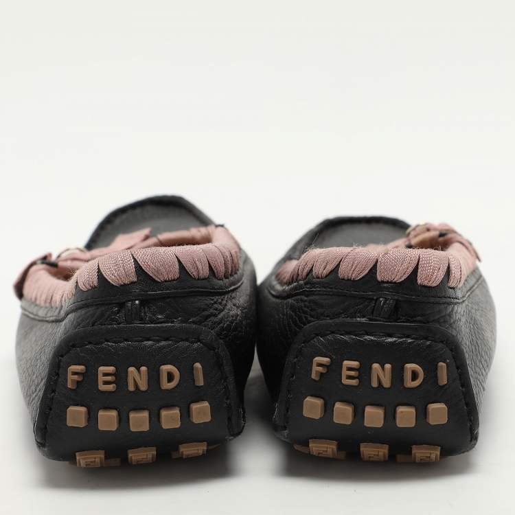 Pre Owned Fendi Black/Pink Leather and Fabric Bow Loafers Size 40