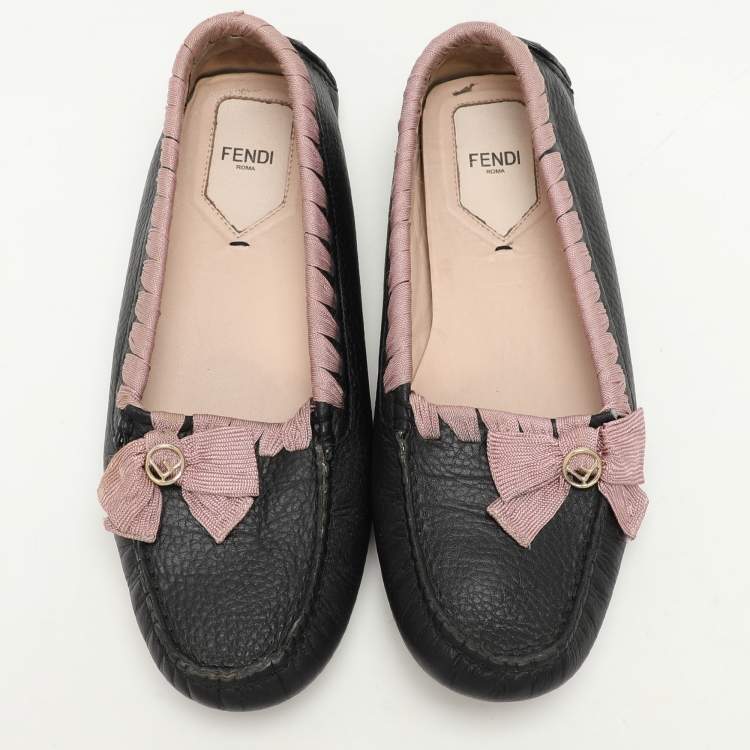 Pre Owned Fendi Black/Pink Leather and Fabric Bow Loafers Size 40