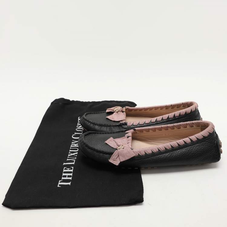 Pre Owned Fendi Black/Pink Leather and Fabric Bow Loafers Size 40