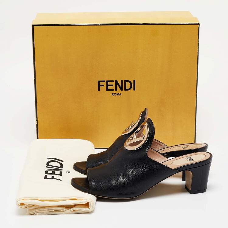 Pre Owned Fendi Black Leather F Logo Open Toe Mules Size 36.5