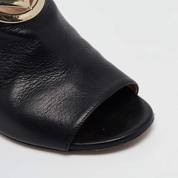 Pre Owned Fendi Black Leather F Logo Open Toe Mules Size 36.5
