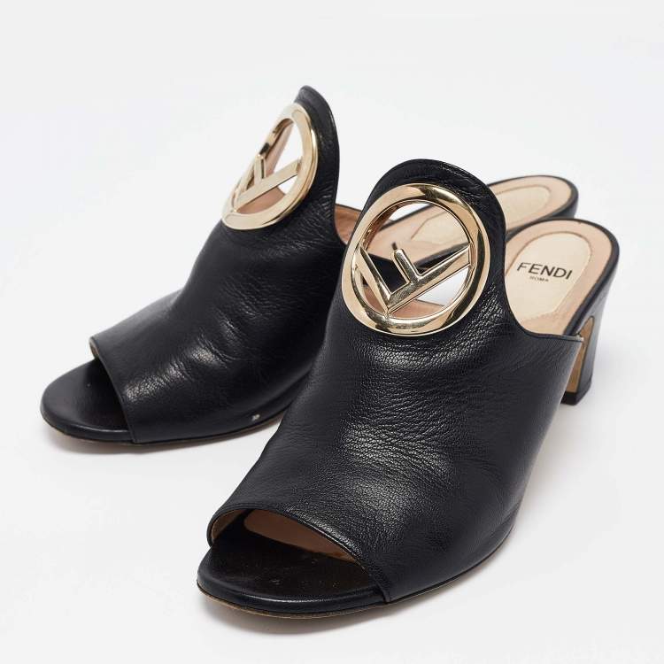Pre Owned Fendi Black Leather F Logo Open Toe Mules Size 36.5