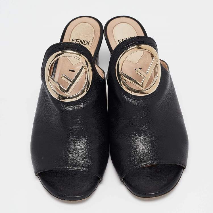 Pre Owned Fendi Black Leather F Logo Open Toe Mules Size 36.5