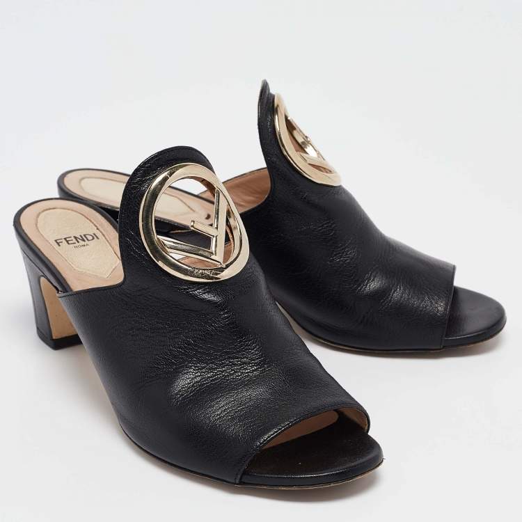 Pre Owned Fendi Black Leather F Logo Open Toe Mules Size 36.5