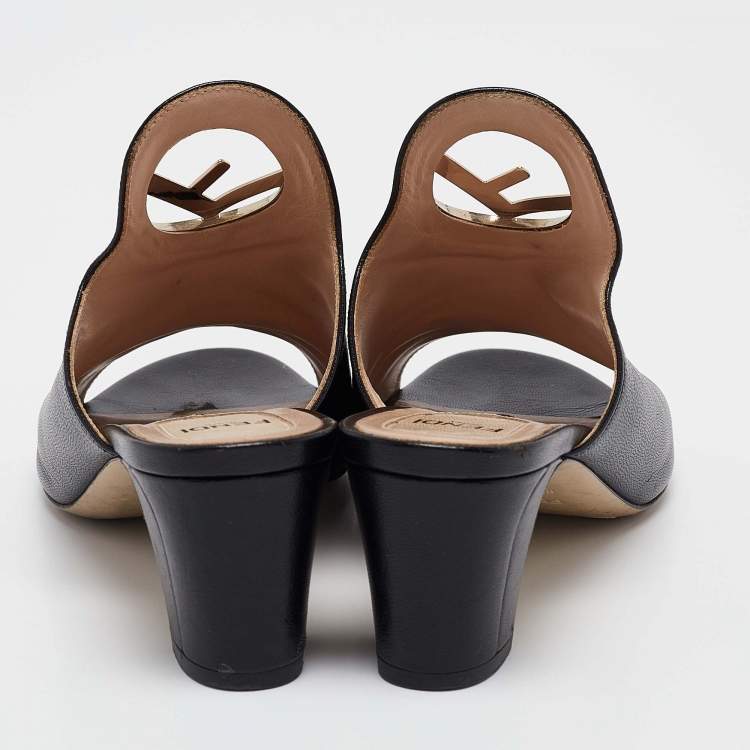 Pre Owned Fendi Black Leather F Logo Open Toe Mules Size 36.5