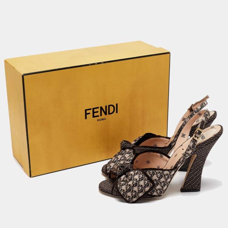 Pre Owned Fendi Brown/Beige Fabric FFreedom Slingback Sandals Size 39.5