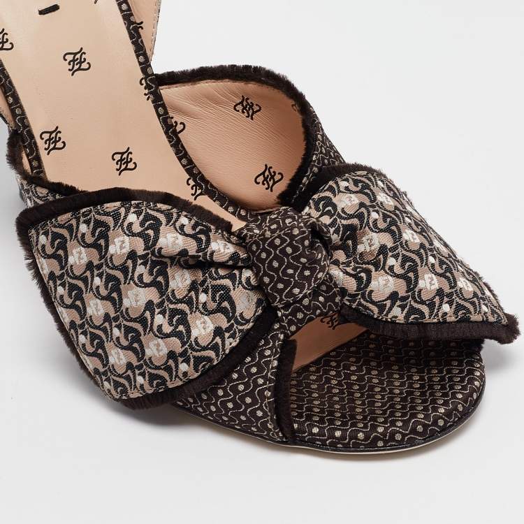 Pre Owned Fendi Brown/Beige Fabric FFreedom Slingback Sandals Size 39.5