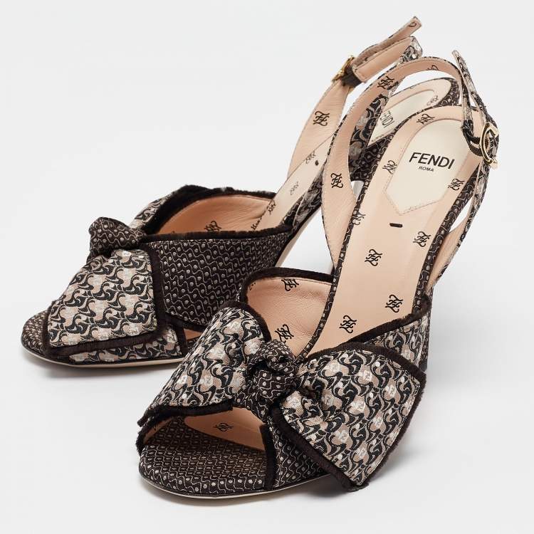 Pre Owned Fendi Brown/Beige Fabric FFreedom Slingback Sandals Size 39.5