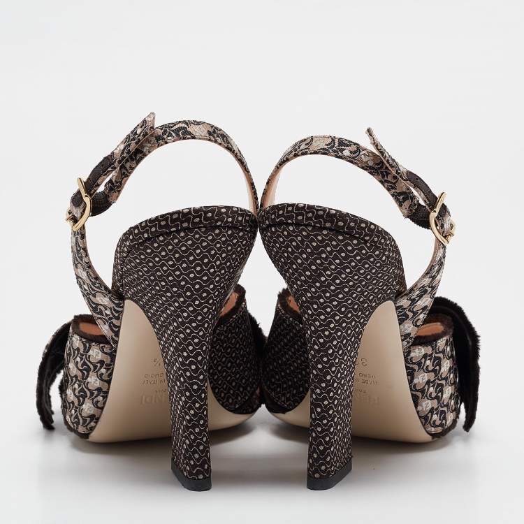Pre Owned Fendi Brown/Beige Fabric FFreedom Slingback Sandals Size 39.5