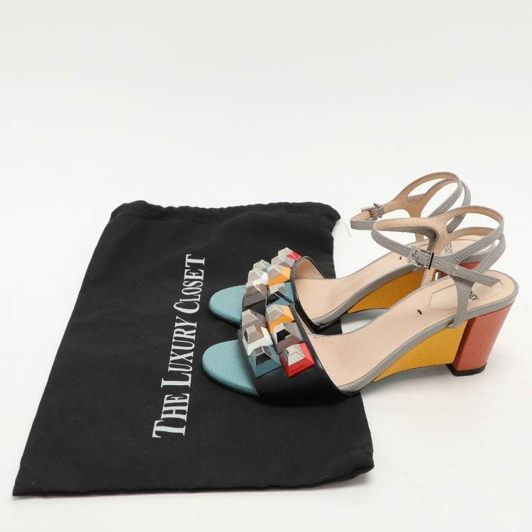 Pre Owned Fendi Multicolor Lizard Embossed and Leather Fantasia Studded Ankle Strap Sandals Size 37.5