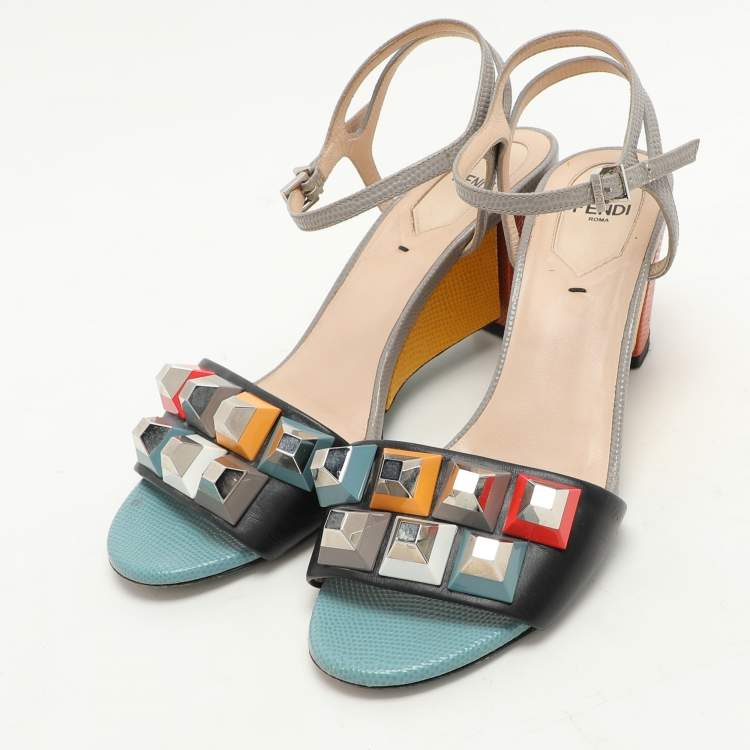 Pre Owned Fendi Multicolor Lizard Embossed and Leather Fantasia Studded Ankle Strap Sandals Size 37.5