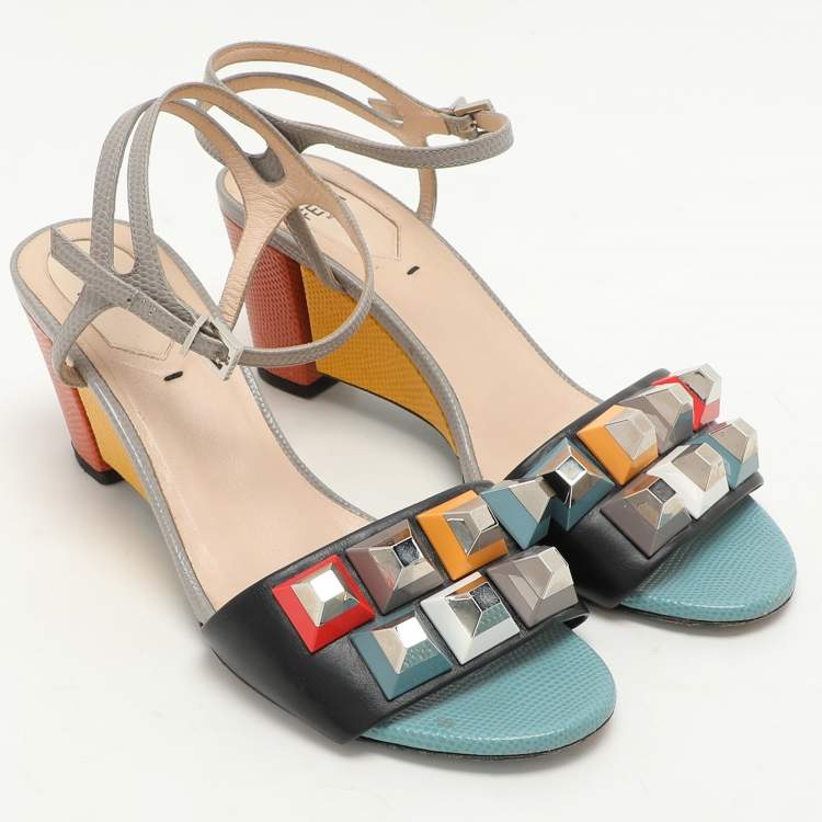 Pre Owned Fendi Multicolor Lizard Embossed and Leather Fantasia Studded Ankle Strap Sandals Size 37.5