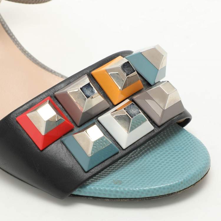 Pre Owned Fendi Multicolor Lizard Embossed and Leather Fantasia Studded Ankle Strap Sandals Size 37.5