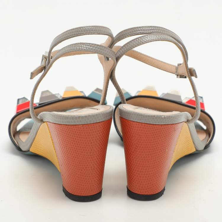 Pre Owned Fendi Multicolor Lizard Embossed and Leather Fantasia Studded Ankle Strap Sandals Size 37.5