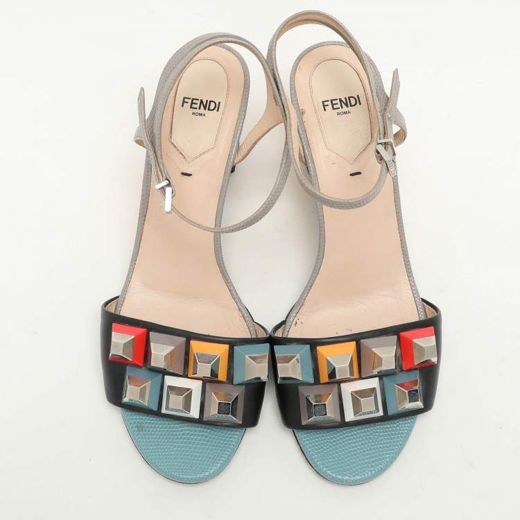 Pre Owned Fendi Multicolor Lizard Embossed and Leather Fantasia Studded Ankle Strap Sandals Size 37.5