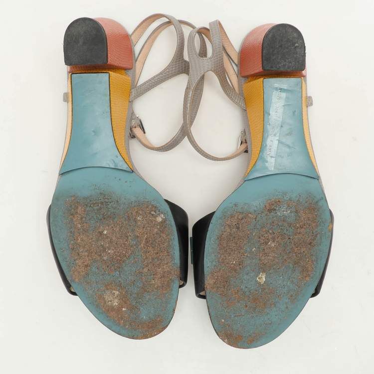 Pre Owned Fendi Multicolor Lizard Embossed and Leather Fantasia Studded Ankle Strap Sandals Size 37.5