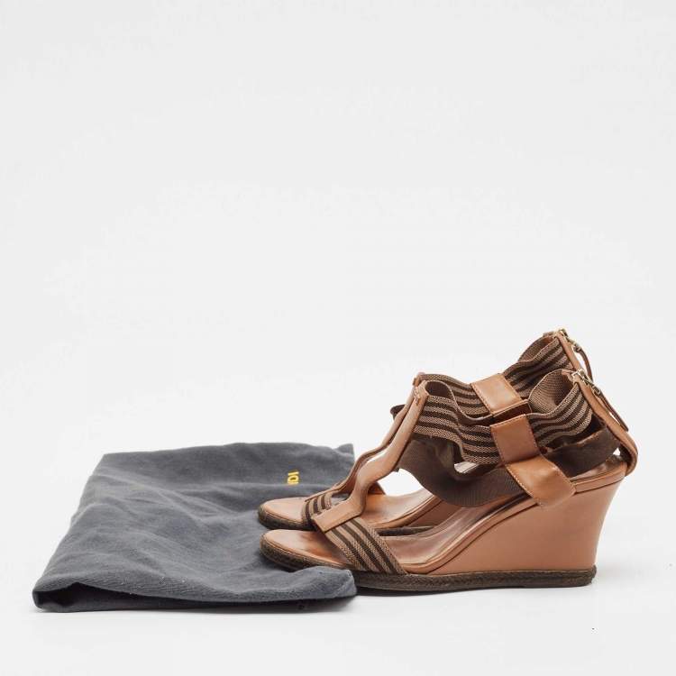Pre Owned Fendi Brown Leather and Stretch Fabric Wedge Sandals Size 37